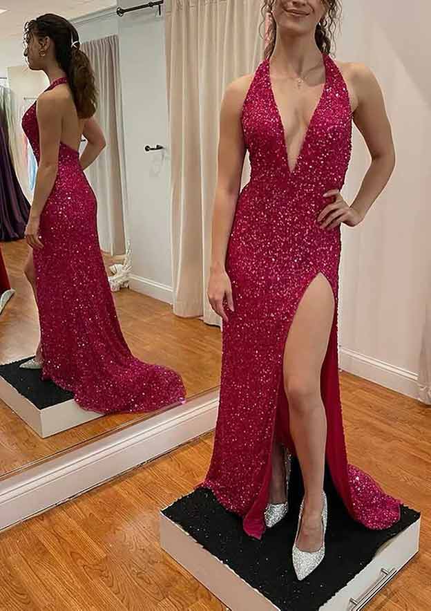 Robe de bal en velours à paillettes, col en V, sans manches, traîne courte, avec fente